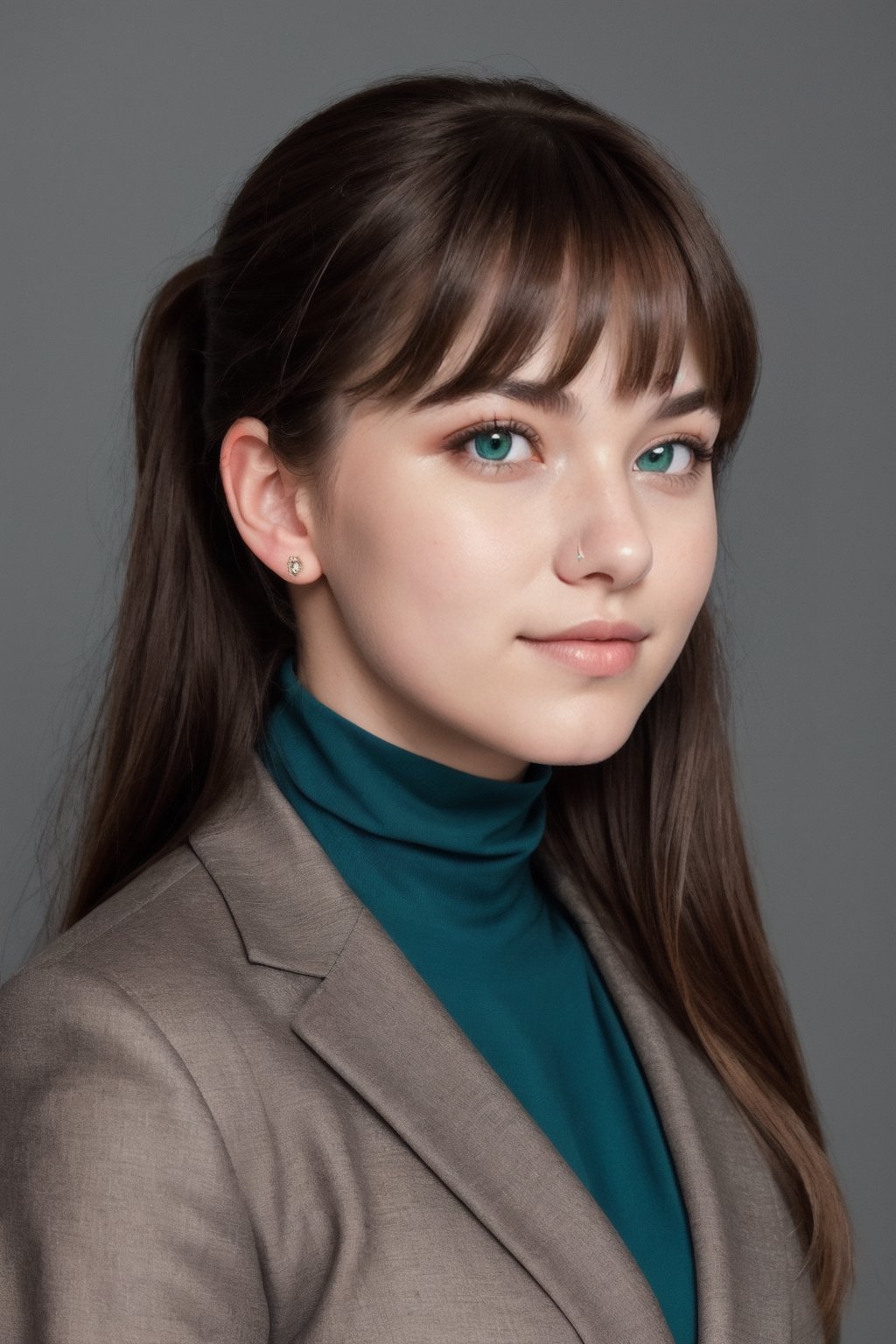 a photo of a cute 20-year-old woman, dgmochav2_TI, professional portrait photo,Slack-jawed awe look on face, high neck Emerald Kashmiri Pashmina Suit, high ponytail and parted bangs, brown hair, steelblue eyes, soft lighting, solo, background of Tech Startup