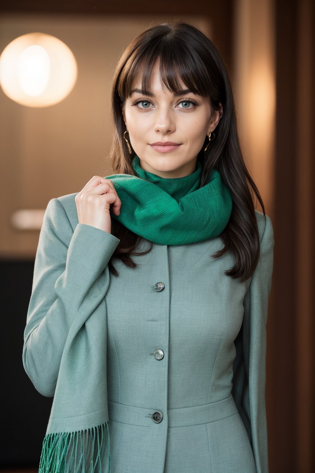 a photo of a cute 35-year-old woman, dgmochav2_TI, professional portrait photo,Slack-jawed awe look on face, high neck Emerald Kashmiri Pashmina Suit, high ponytail and bangs, black hair, green eyes, soft lighting, solo, background of Tech Startup