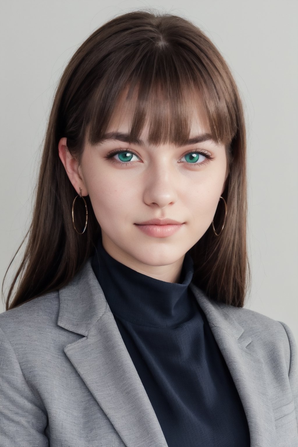 a photo of a cute 20-year-old woman, dgmochav2_TI, professional portrait photo,Slack-jawed awe look on face, high neck Emerald Kashmiri Pashmina Suit, high ponytail and parted bangs, brown hair, steelblue eyes, soft lighting, solo, background of Tech Startup