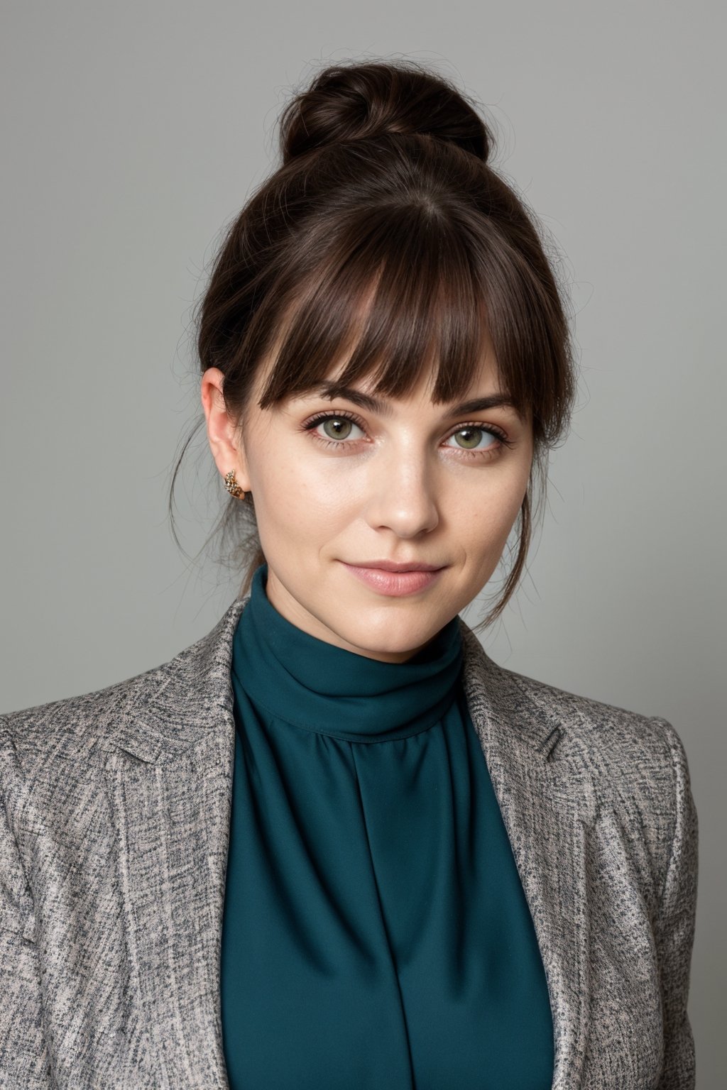 a photo of a cute 35-year-old woman, dgmochav2_TI, professional portrait photo,Slack-jawed awe look on face, high neck Emerald Kashmiri Pashmina Suit, high ponytail and bangs, soft lighting, solo, background of Tech Startup