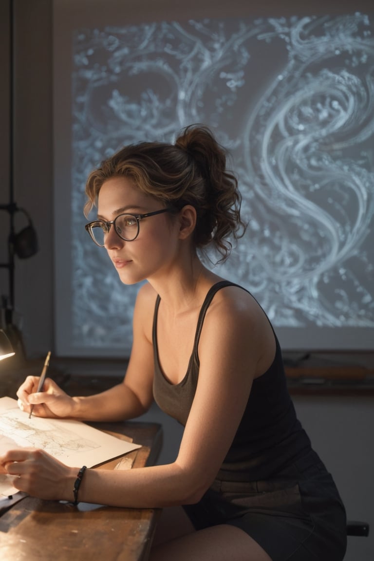 (((masterpiece))), (((best quality))), ((ultra-detailed)), (illustration), (full body), Side view, (detailed light),((an extremely delicate and beautiful)),( beautiful detailed eyes), a 40 year old woman, in her studio, sitting in front of a drawing board illuminated by the light of a flexo, drawing a surealistic image, walls decorated with drawings, wearing a short white t-shirt and black shorts, small round glasses, Curly dark blond hair tied in a ponytail, Warm atmosphere, only illuminated by the dashboard lamp.