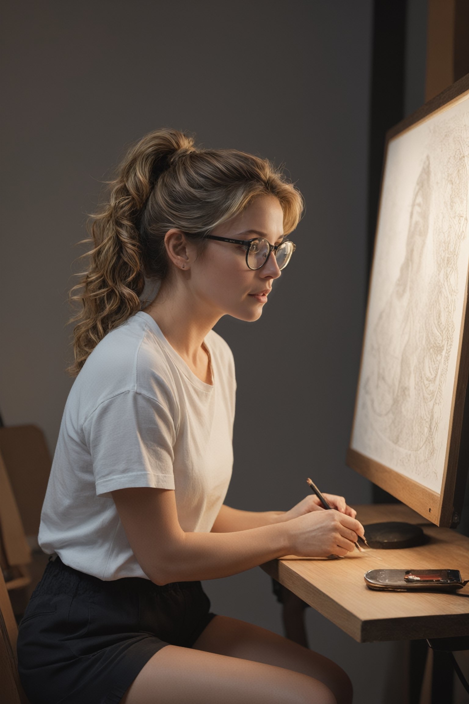 (((masterpiece))), (((best quality))), ((ultra-detailed)), (illustration), (full body), Side view, (detailed light),((an extremely delicate and beautiful)),( beautiful detailed eyes), a 40 year old woman, in her studio, sitting in front of a drawing board illuminated by the light of a flexo, drawing a surealistic image, walls decorated with drawings, wearing a short white t-shirt and black shorts, small round glasses, Curly dark blond hair tied in a ponytail, Warm atmosphere, only illuminated by the dashboard lamp.