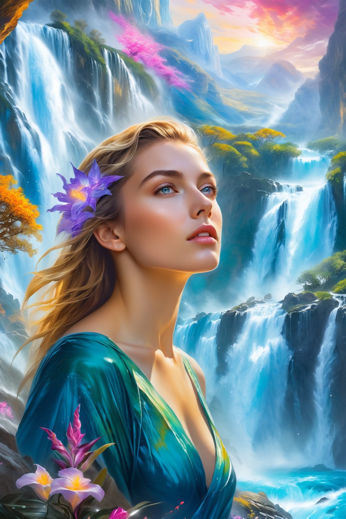 Dream woman locking gaze with the viewer, radiant aura emituting a wow effect suggestive of the afterlife, surrounded by a vividly blooming landscape featuring cascading waterfalls and rugged rocks, set in an exhilarating mood, captured in a painting melding the styles of Artgerm and Rubens, ultra high definition 16k, digital painting, dramatic lighting, cinematic.