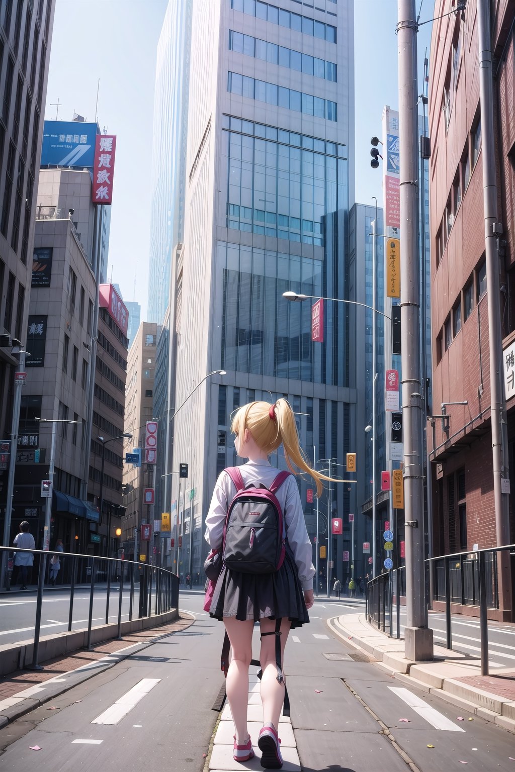 masterpiece, absurdres, 1girl, ijichi nijika, (from behind), full body, solo, backpack, yellow hair, long hair, side ponytail, standing, shirt, tokyo, city, detailed_background, perspective