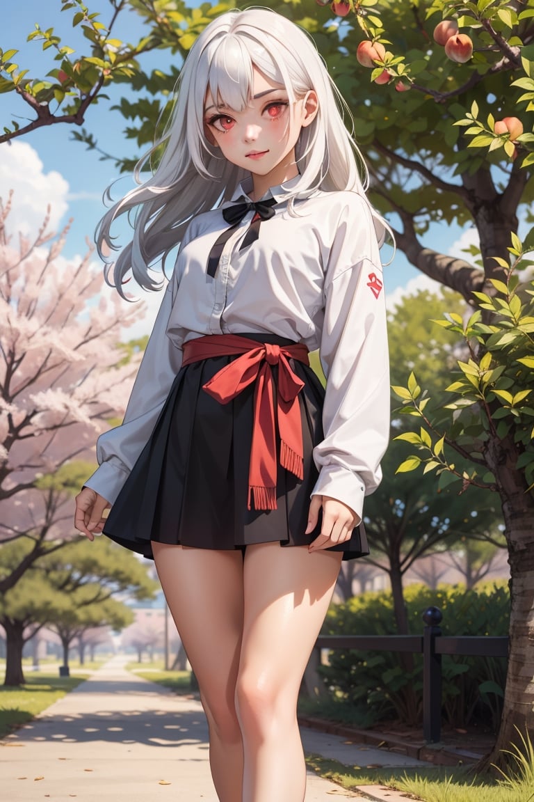 An 18 year old girl with white hair and red eyes in a park with peach trees