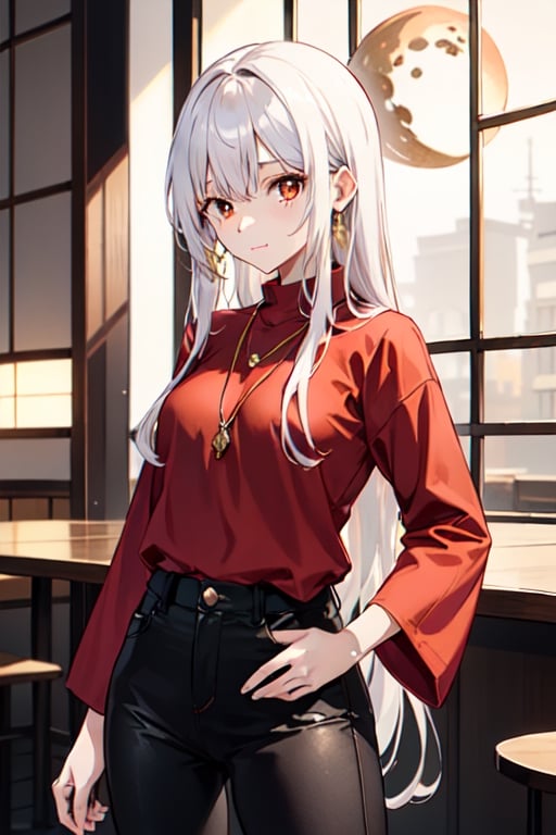 18 year old Japanese girl with a medium chest with long white hair and red eyes wearing red shirt with black pants and a golden moon necklace in a Cafe in the vip seat