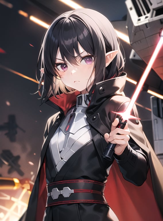 (best quality) An 20 year old Japanese girl, medium chest, pointy ears, serious face, black hair, purple eyes wearing black star wars sith robe with red accent, black and red cape, holding a red lightsaber, intimidating pose, crashed ships in the background 