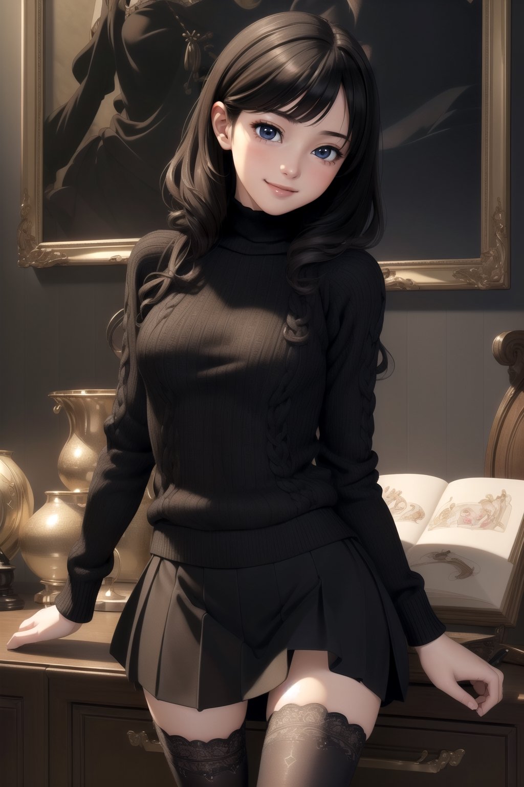 ((masterpiece)), ((best quality)), ((highest quality)), ((ultra-detailed)), ((8k cg wallpaper)), ((extremely delicate and beautiful)), (illustration), (high resolution), 1girl, smile, ((extremely beautiful detailed anime face))((extremely detailed game cg characters eyes)), black knit fabric sweater, long sleeves, short skirt, black tights, dynamic angle, 