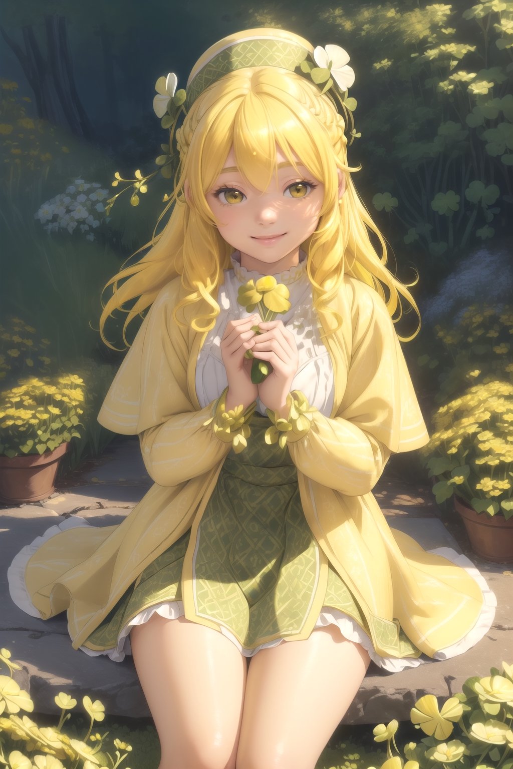 (((masterpiece))), (((best quality))), ((ultra-detailed)), (illustration), (detailed light),((an extremely delicate and beautiful)), (solo dwarf girl), smiling, (yellow-color hair, hair over eyes:1.3), sitting, wariza, holding a shamrock, (wearing oversized pointed hat with a Celtic shamrock pattern), (wearing yellow-green dwarf clothes), (shamrocks garden),cute doodle