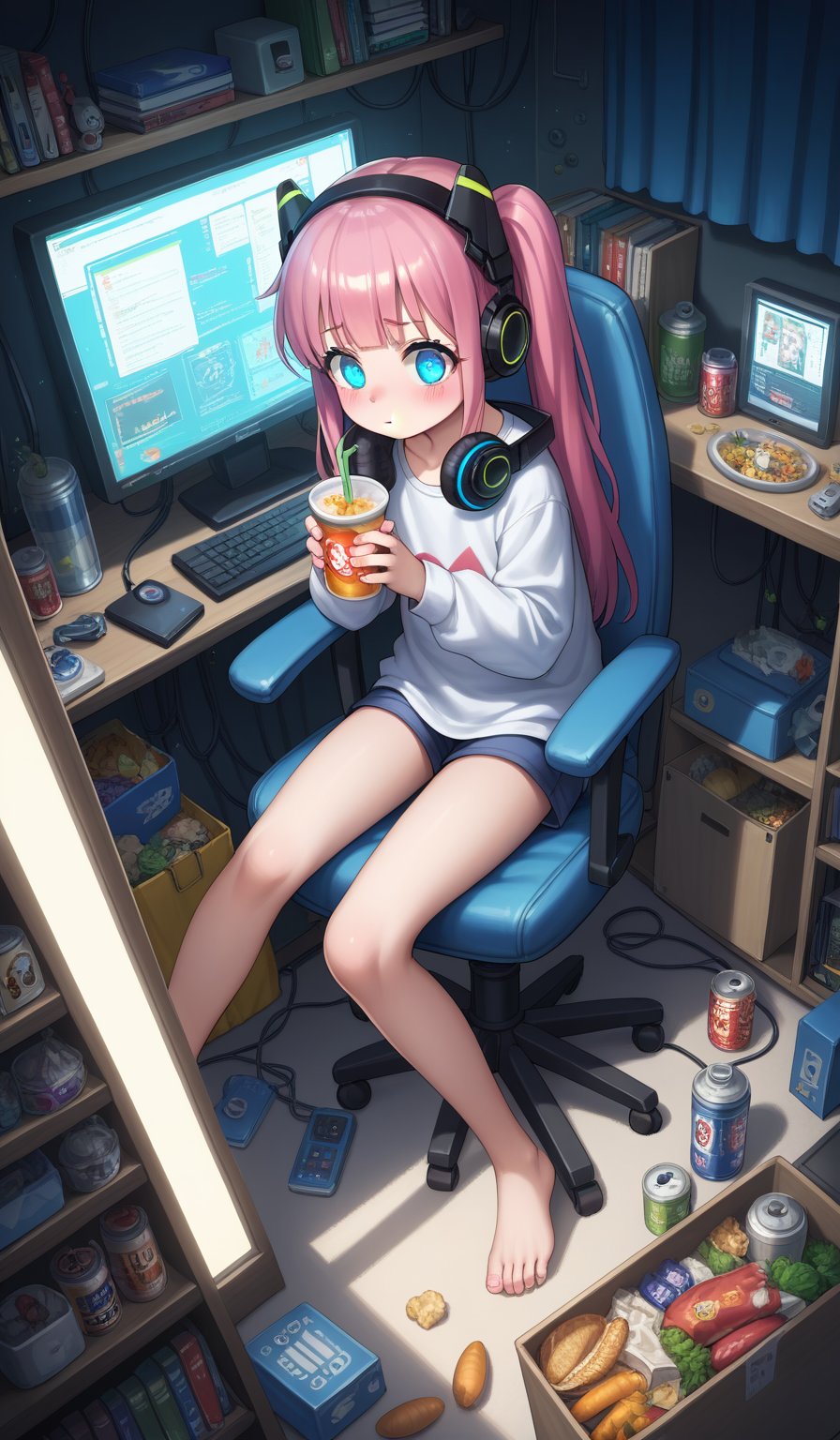 score_9, score_8_up, score_7_up, score_6_up, score_5_up, score_4_up,source_anime,

(from above:1.2),fisheye, 1girl,(loli,little girl:1.2),(glowing eyes:1.2),pink hair,blue eyes,headphone,(bare legs),(messy room),junk food,potato chip,drink,(dark room:1.3),cable on the floor, (otaku_room,a very dim room:1.2), realistic, full_body, curtain,(realistic:0.6),dark tone, (blue tone), chaos theme, futuristic room,cyberpunk, giant monitor that display video game,bookshelf,trash can,toy,electronic gadget, (The curtains are drawn), blush,blank stare, playing games,(sitting on the chair), (In (a very dim room), fluorescence from a computer screen is the only light source.) soft glow of the computer screen illuminating the space, flashing lights from the game, eerie blue hue, pov.