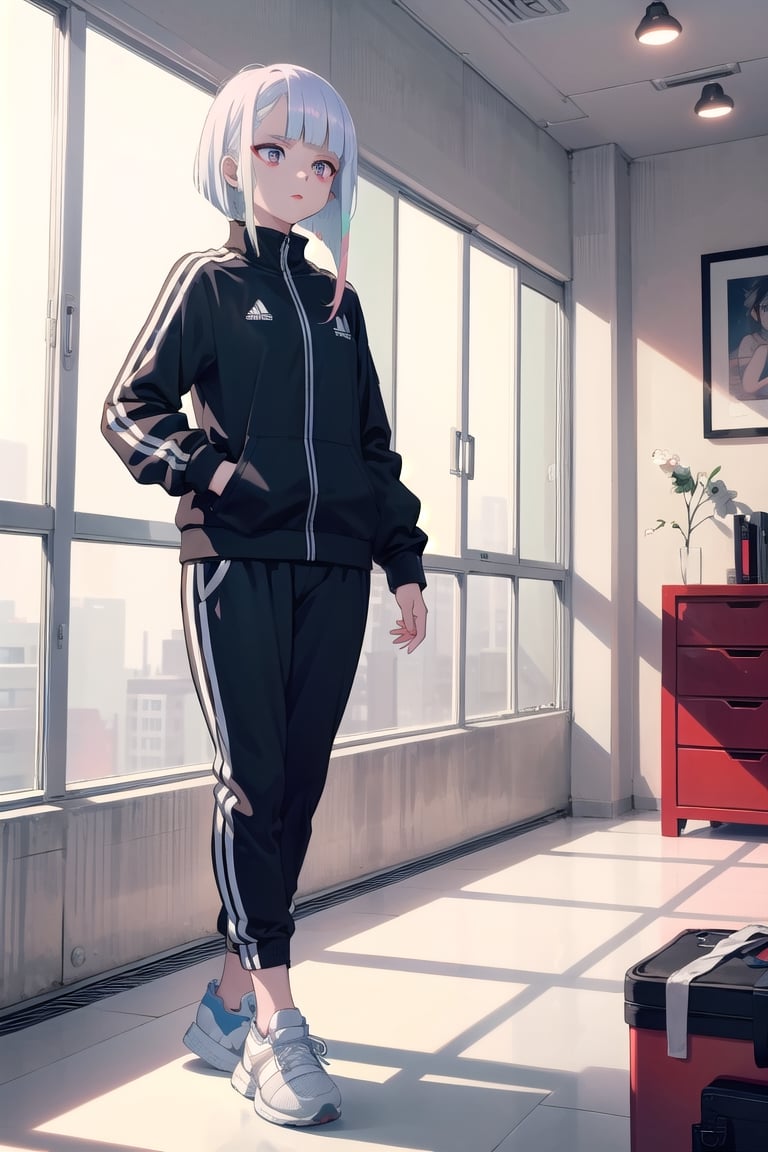 Lucy, short hair, multicolored hair, blunt bangs, asymmetrical hair, sidelocks, multicolored eyes, makeup, red eyeliner, red lips,

adidas track suit, adidas sneakers,

inside messy apartment,