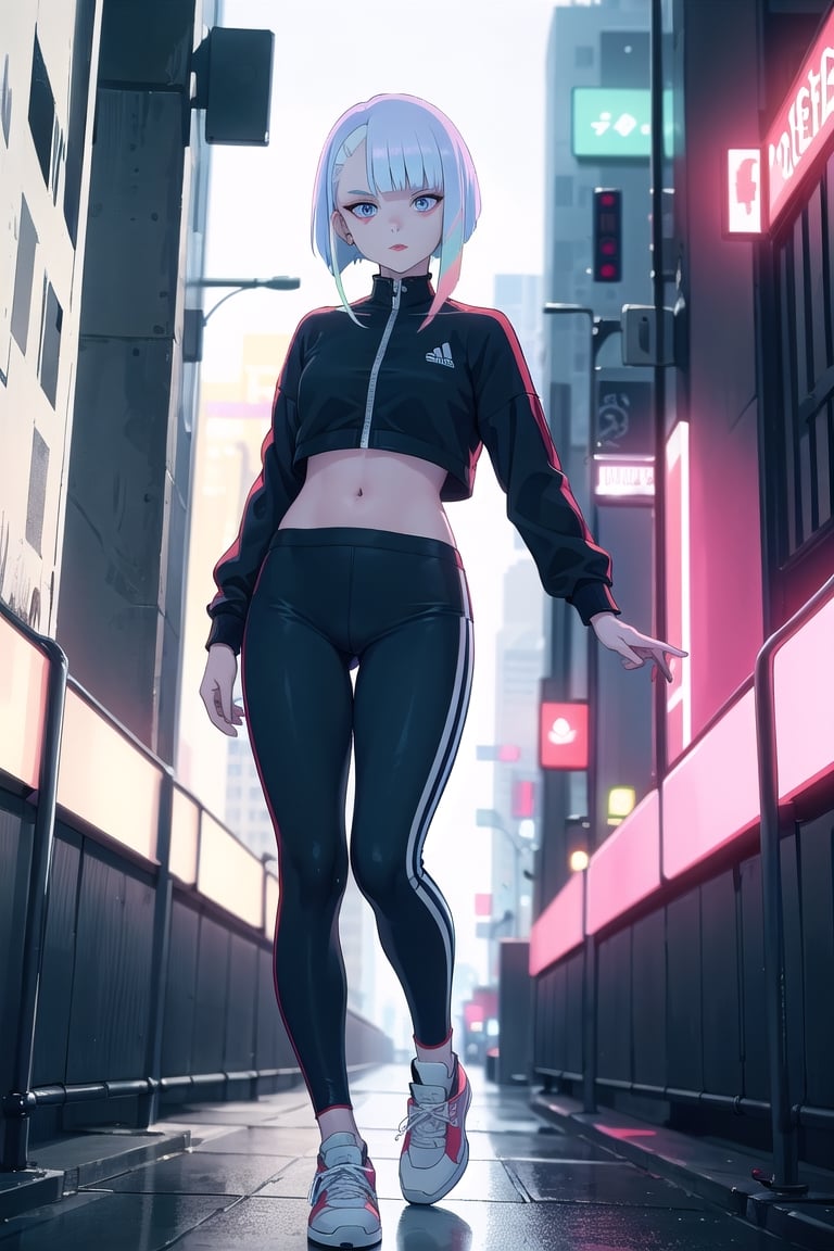 Lucy, short hair, multicolored hair, blunt bangs, asymmetrical hair, sidelocks, multicolored eyes, makeup, red eyeliner, red lips,

adidas track suit, adidas sneakers,

cyberpunk city, neon lights,