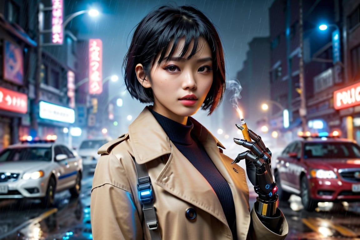 a beautiful asian girl with short black hair and a robotic arm, smoking a cigarette, cyberpunk aesthetic, police, (detective+++), wearing brown trenchcoat, raining, at night on crime scene, police cars, police tape, police sirens (red and blue),

foggy at background, depth of field, bokeh, into the dark, deep shadow, cinematic, masterpiece, best quality, high resolution