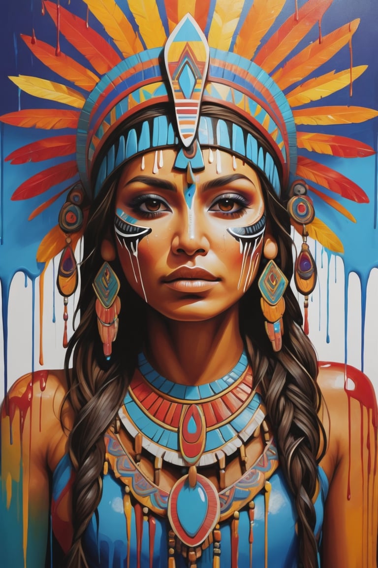 Stylized, intricate, detailed, artistic, dripping paint, aztec woman, facing viewer, psychedelic,