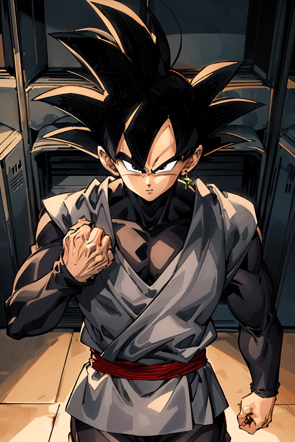 Highly detailed, High Quality, Masterpiece, beautiful, (medium short shot), 1boy, BlackGoku from Dragonball, Box Fight Pose (Black hair, muscular but a little thin, with a black long-sleeved t-shirt clinging to the body and nothing else) Background in a dark place like a boxing club locker room with direct lighting from above