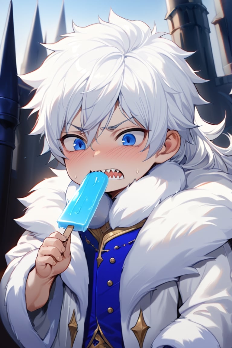 (((high quality))), masterpiece, ((((detailed)))), medium,solo, little 1boy, shota,4 year old little boy (white fur coat,blushing, fur on neck,prince clothing, white hair, long hair,blue eyes,sharp teeth,Serious, very pale skin,kingdom,hide,eating an ice cream popsicle,more detail XL