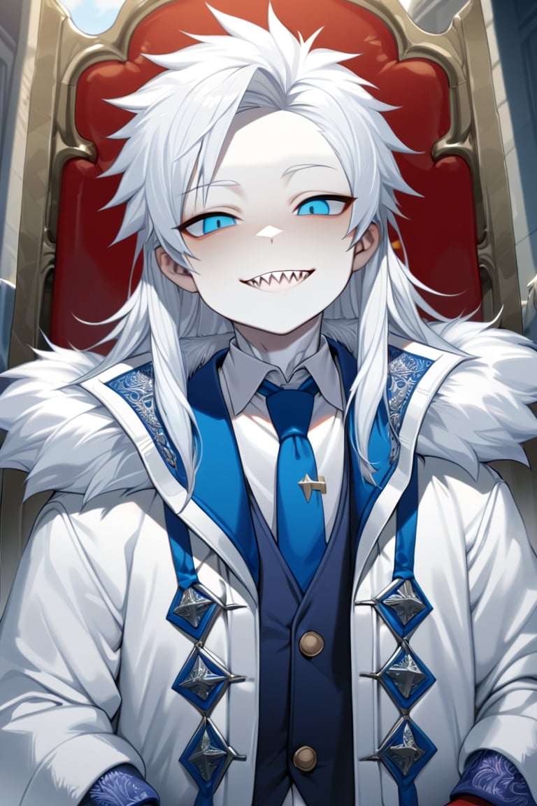 (((high quality))), masterpiece, ((((detailed)))), medium,solo, little 1boy, shota,12 year old little boy ,shota,white fur coat,fur on neck, school clothing, white hair, (long hair),blue eyes,smile,sharp teeth, very pale skin,kingdom,sexy,tie,more detail XL