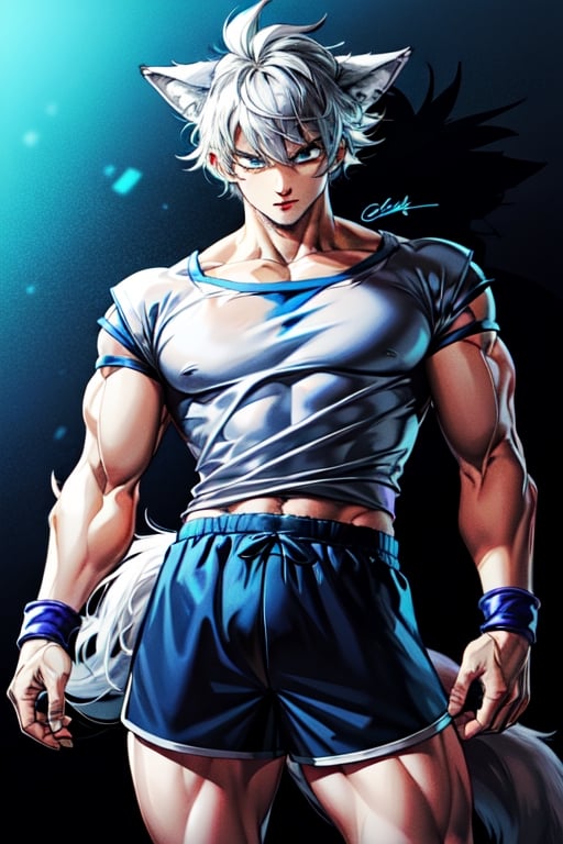 Wolf boy , hair white , blue_eyes , white_clothes
, blue_shorts  