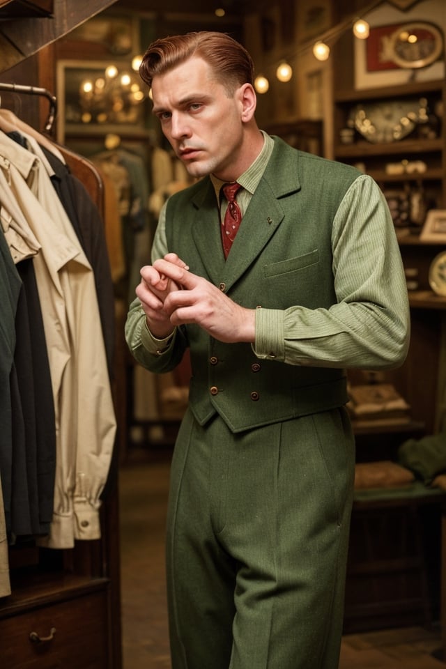 (high quality image, vintage setting, 1940s, intricate details, scene like a movie action) 1man old sixty years hold,background vintage Clothing store, 1940s vintage outfit black, green eyes, red_hair Natural

eyes focus

