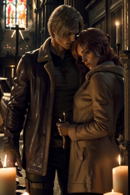 (high definition, intricate details, saturated color, masterpiece Quality, epic pose of couple  in the apocalypse hot kisses, inside of a Church, Illuminated by candles and decorated with marble sculptures )

Couple, of blonde man RE4Leon tall protecting a redhead woman beauty  with longer hair Saturated red hair . Couple men AND women in the apocalypse, the woman next to the blonde man is redhead.

 The men Is More tall tan the women. The clothes are winter, hunting jackets, black pants

