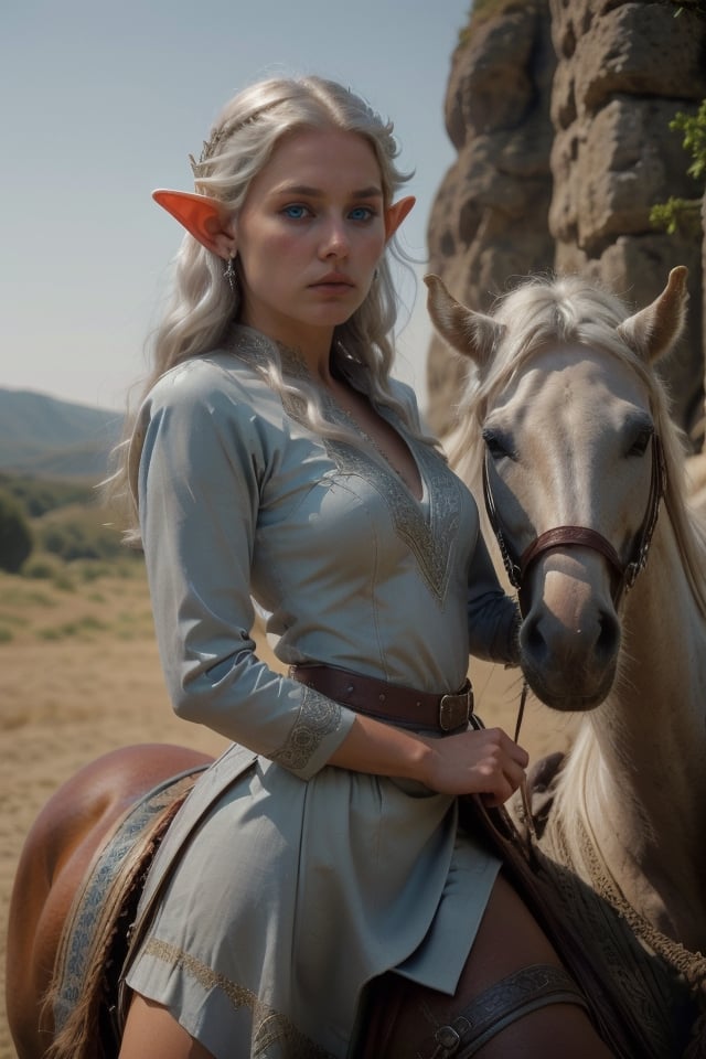 (Elf small ears, very beautiful, beautiful face of a woman with silver hair, white skin, blue eyes.)
Dressed a outfit blacK
In Pradera soleada.  On top of a Horse, Ride a Horses, ride sobre un caballo, montada en el lomo de un caballo 