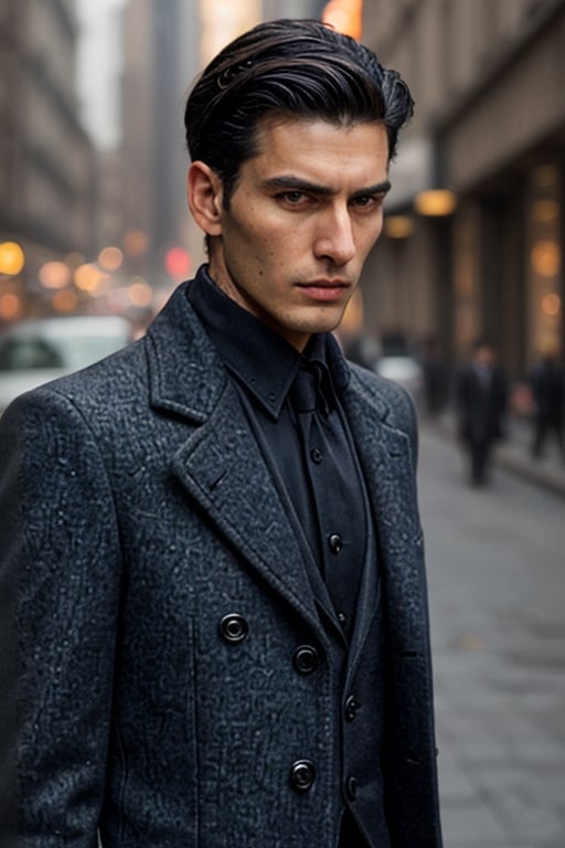 (high image quality, intricate details)
Tall attractive young man, Beautiful but manly face, black hair, modelo face, gray-eyed handsome man. Mafia boss, vintage suit from the 40s, Long black coat, vintage 1940 city background, intimidant eyes, gun In hand, angry eyes

(Tattoo in hands)