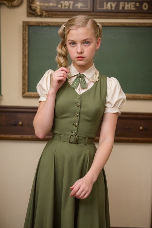 (high quality image, vintage setting, 1940s, intricate details, scene like a movie action) 1 young girl 11 year, very beautyfull,background vintage class room, dress of 1940s vintage outfit schoolar, school, green eyes, blonde_hair Long ponytail

Brooks in hand

