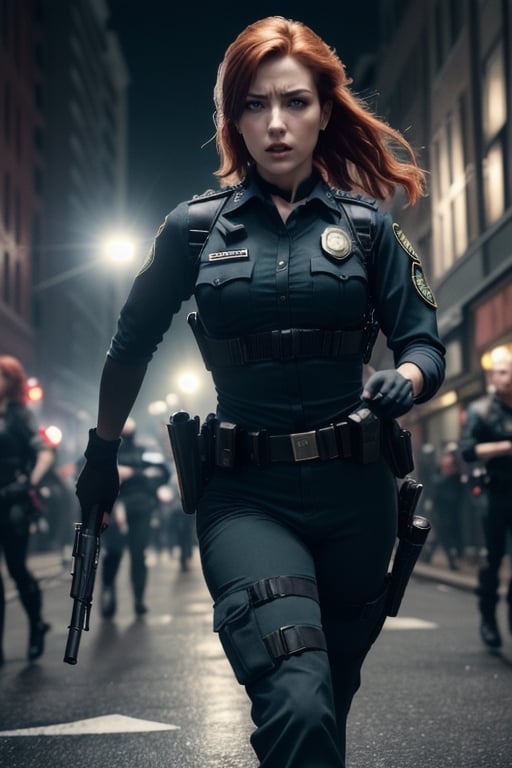 (high quality, masterpiece, heroic pose, Resident Evil video game cover image)woman slim body running for her life, running desesperante, european face anatomy and physiognomy,  redhead woman long hair. Style of Resident Evil,  Raccoon city, street background destriot, a gun in hand ready to shoot, shootgun,  (cinematic  Resident Evil),  (Saturation  colors,  dim colors,  soothing tones:1.3),  low saturation,  natural redhead me woman long, Loose long red hair, angry and tension expression in eyes,  the color of eyes green like jade,  and the test of the uniform tall,( Custome police uniforme policíal con pantalón y todo cerrado. Uniforme grande). 


(Fondo Alta calidad, fluidez de la imagen en movimiento, personas luchando fondo deciudad de Boston en caos, Boston city, ciudad en Apocalipsis. Aura oscura en la imagen)