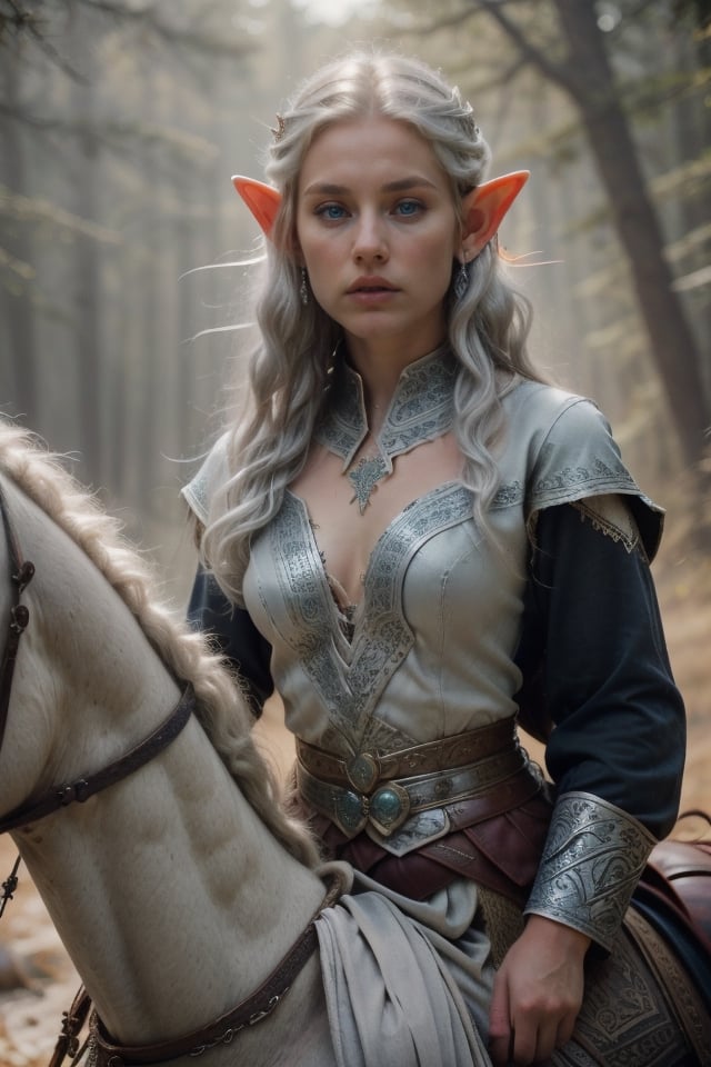 (Elf small ears, very beautiful, beautiful face of a woman with silver hair, white skin, blue eyes.)
Dressed a outfit blacK
In Pradera snow forest.  On top of a Horse, Ride a Horses, ride sobre un caballo, montada en el lomo de un caballo 