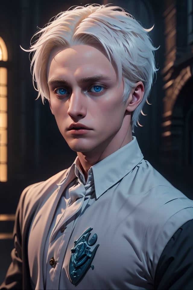 Draco Malfoy de Harry Potter, cabello plateado y ojos azules. 

Mirada amenazadora, rostro hermoso, belleza masculina 