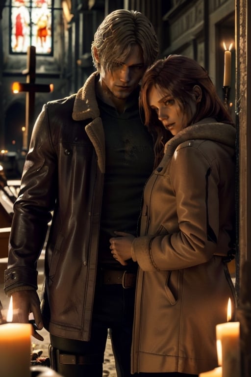 (high definition, intricate details, saturated color, masterpiece Quality, epic pose of couple  in the apocalypse, inside of a Church, Illuminated by candles and decorated with marble sculptures )

Couple, of blonde man RE4Leon tall protecting a redhead woman beauty  with longer hair Saturated red hair . Couple men AND women in the apocalypse, the woman next to the blonde man is redhead.

 The men Is More tall tan the women. The clothes are winter, hunting jackets, black pants


