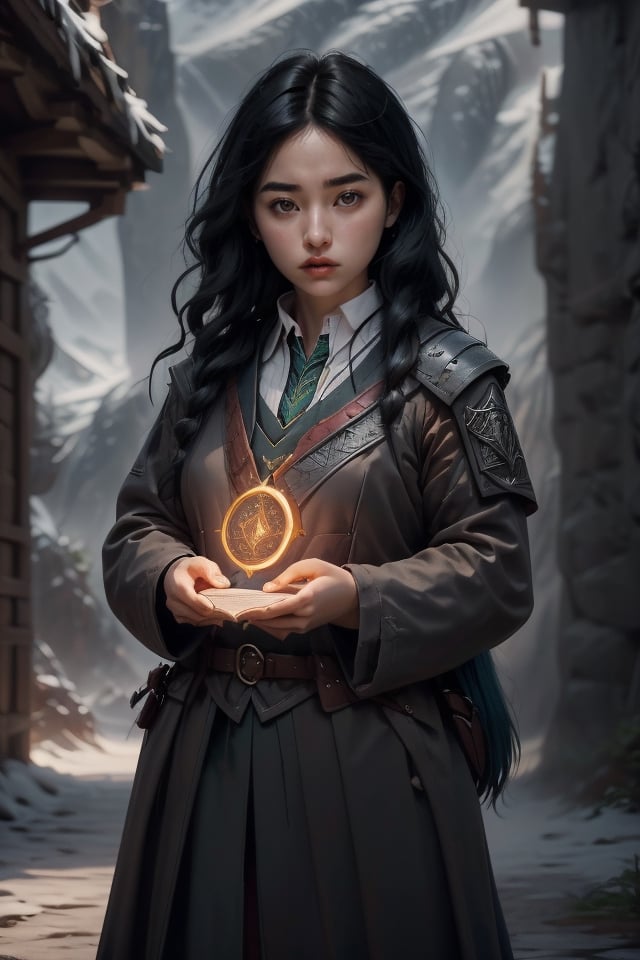 nodf_lora (Estudiante de magia Howards Witch griffindor, koreana face. black hair ) 

(Muchacha koreana muy hermosa. Cabello negro liso muy largo)

Uniforme rojo de estudiante medieval, celtic features. Libro y varita mágica en la mano.
Castillo Howards celtic