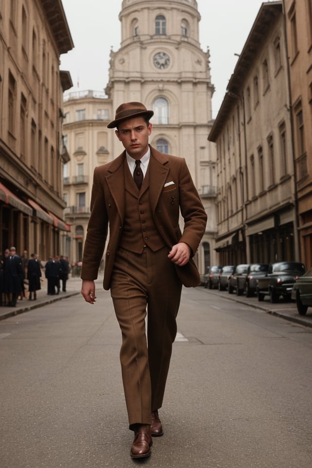 (high quality image, vintage setting, 1940s, intricate details, scene like a movie action) 1man brown hair ,background vintage city, 1940s vintage outfit black, brown eyes, brown_hair Natural

eyes focus, mafia italiana outfit un black 

