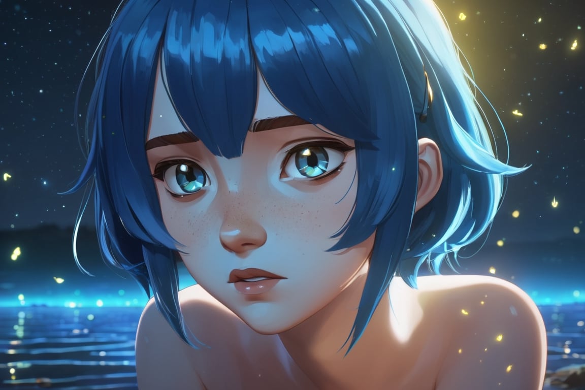 beautiful age 18 girl, arcane, blue hair, freckles, sexy, naked, beautiful, 1girl, dslr, 8k, night, hairclip, fireflies, aurora borealis, soft light, natural skin, textured skin, ((sad, full body, sad eyes, sparkling eyes)), sad_face