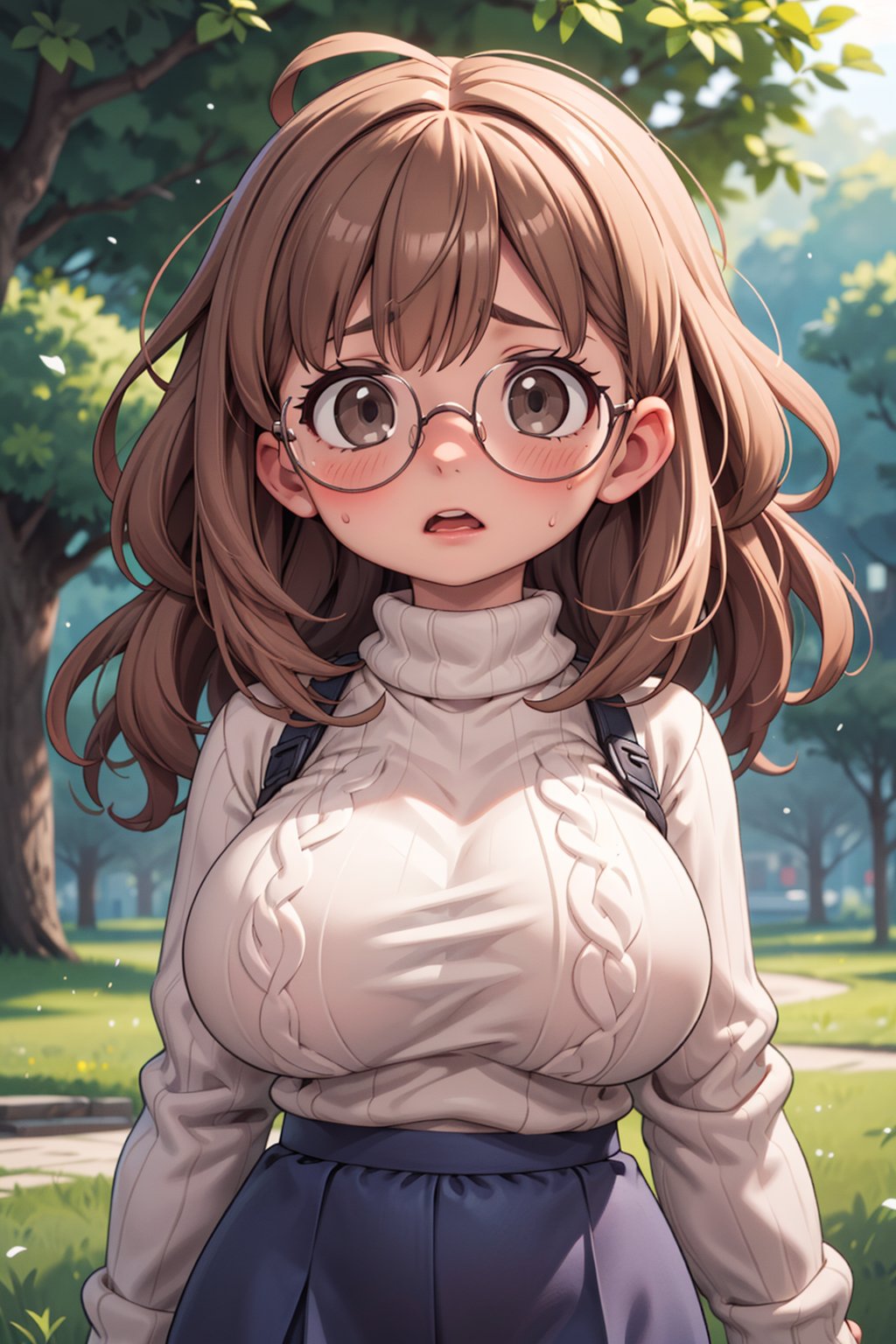 High resolution, extremely detailed, atmospheric scene, masterpiece, best quality, 64k, high quality, (HDR), HQ, cartoon, 1girl, solo, cute, upper body, panicked, looking at viewer, standing, round face, (light brown hair:1.2), messy hair, long hair, grey eyes, thicc, chubby, huge breasts, glasses, (puce sweater:1.2), dark grey skirt, from the front, in the park, background out of focus,