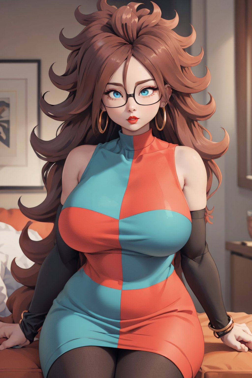 detail, illustration, hd, big breasts,  girl, real hands,best quality, 32k uhd, Epic CG masterpiece, hdr, dtm, full ha, 8K, extremely detailed graphics, stunning colors, 3D rendering, surreal, cinematic lighting effects,1 girl, beautiful face, makeup, red lips, earrings, necklace, bracelet, round breasts,,gigantic breasts,fat pussy,thicc thighs,pussy,plump, filled, makeup, red lips, earrings, necklace, bracelet,pussy line sticking out,,, dragon ball,android_21_checkered_clothes,dress,curly hair,very long hair,checkered,glasses,blue eyes,detached sleeves,brown hair,pantyhose,two-tone dress,large breasts,bare shoulders,sleeveless dress,black legwear,collarbone,