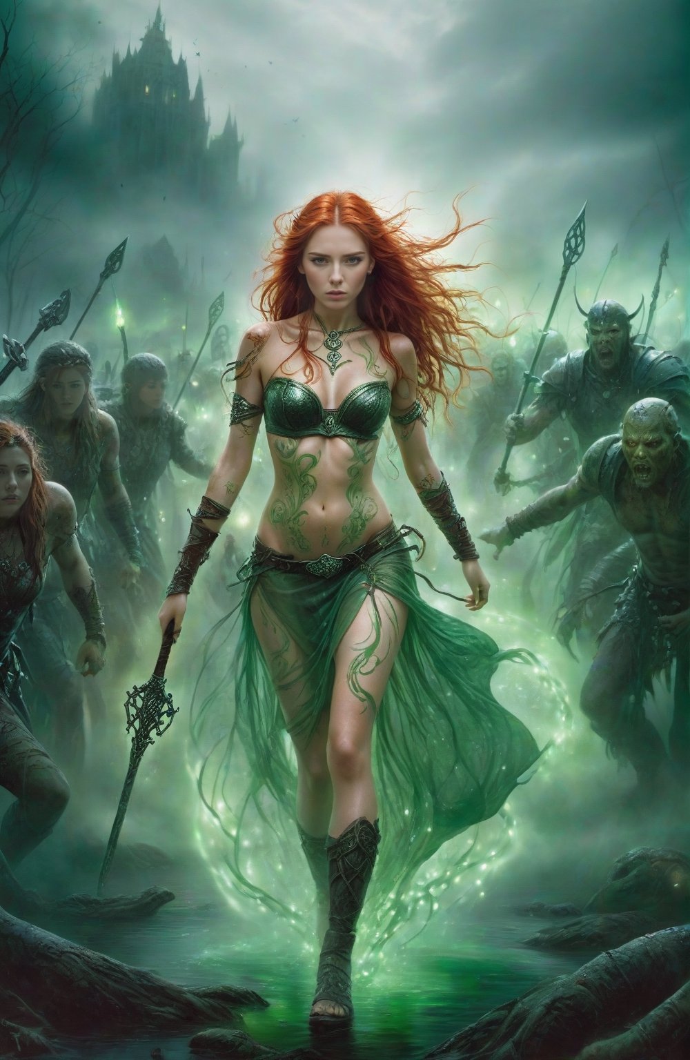  half_naked Celtic woman with long red hair being chased by rotten male zombies with demonic faces in a swamp),  she is holding a long glowing wizards staff and wearing Celtic armor and a tiara,in the fog, every inch of her body is covered in Celtic tattoos, she has body paint on her breasts but not her nipples, you can see her shoes, green mist flows through and around her body,  she is engulfed in swirling green lights, very long legs, an hourglass figure, show feet, and Celtic shoes, she is standing you can see her shoes, 
, detailed background, dark night))), [SEP] 
 freckled pale skin, shoulder length hair, In a sinister crumbling city.,