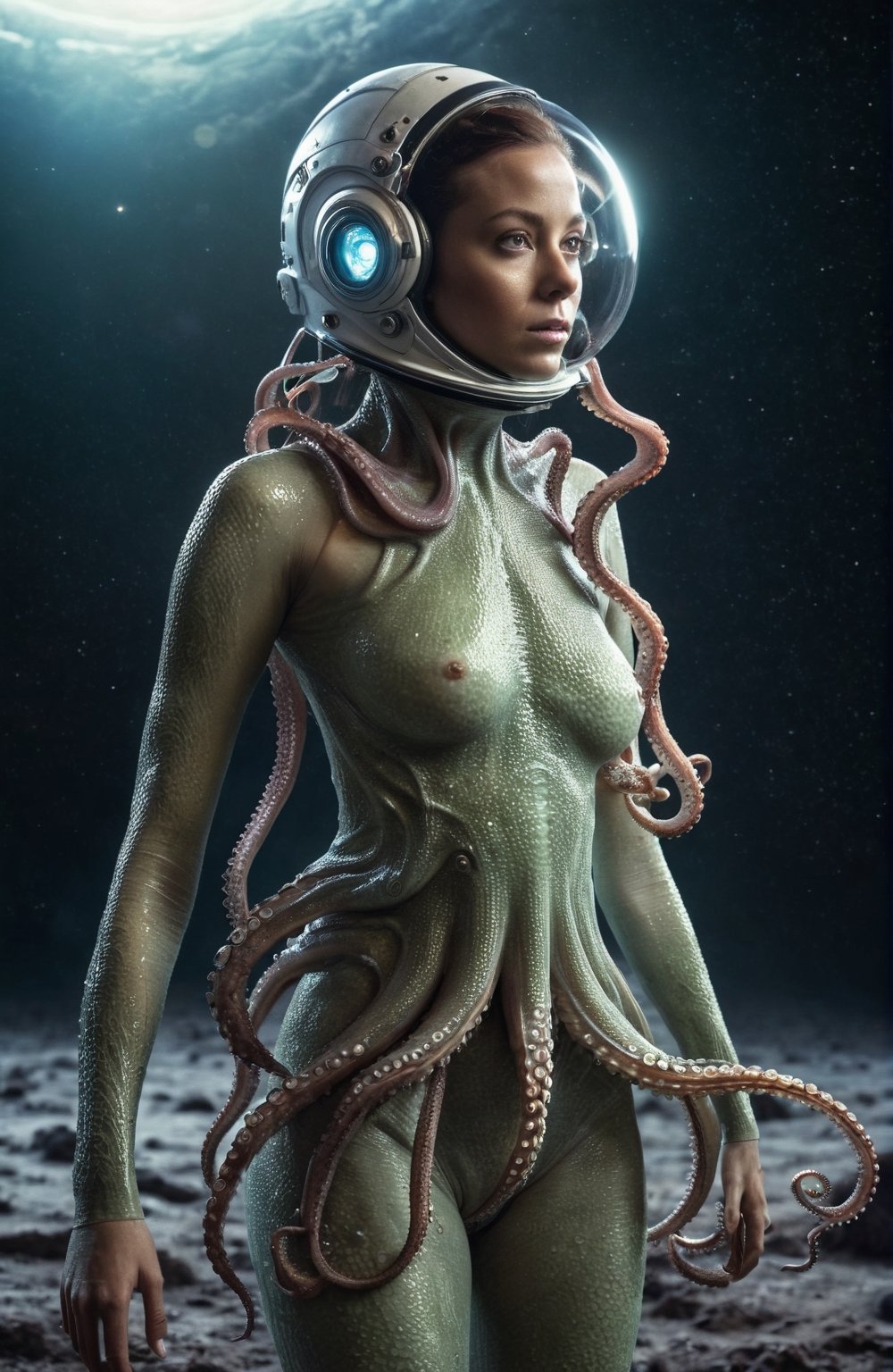full-body, a beautiful half-naked astronaut with no helmet on her head, there is a small Alien octopus-like creature attached to her back with its tentacles wrapping around her neck , She is trying to speak (highly detailed close photography), cinematic colors, texture, film grain, a desolated alien planet with 2 suns in the sky, the surface is a swamp with lots of slimy tentacles coming out of it, extraterrestrial environment, dark vibes, gloomy hyper detailed, vibrant colours, epic composition, official art, unity 8k wallpaper, ultra detailed, beautiful and aesthetic, masterpiece, best quality