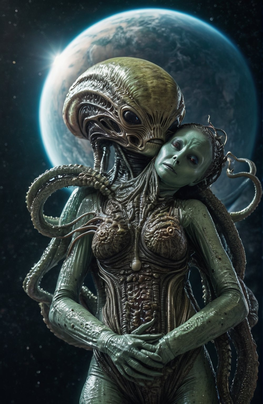 full-body, a 6inch tall alien is choking a woman in a space suit with his tentacles,(highly detailed close photography), cinematic colors, texture, film grain, a desolated alien planet with 2 suns in the sky, the surface is a swamp with lots of slimy tentacles coming out of it, extraterrestrial environment, dark vibes, gloomy hyper detailed, vibrant colours, epic composition, official art, unity 8k wallpaper, ultra detailed, beautiful and aesthetic, masterpiece, best quality