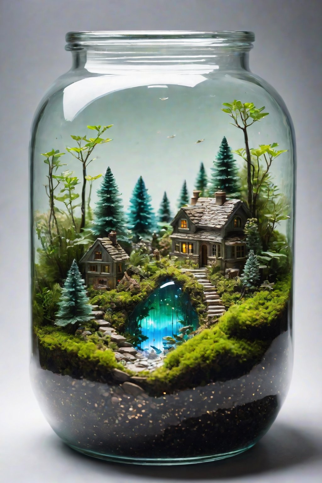 A front view of a closed terrarium ecosystem in a jar with a miniature forest and village inside, Broken Glass effect, no background, stunning, something that even doesn't exist, mythical being, energy, molecular, textures, iridescent and luminescent scales, breathtaking beauty, pure perfection, divine presence, unforgettable, impressive, breathtaking beauty, Volumetric light, auras, rays, vivid colors reflects.