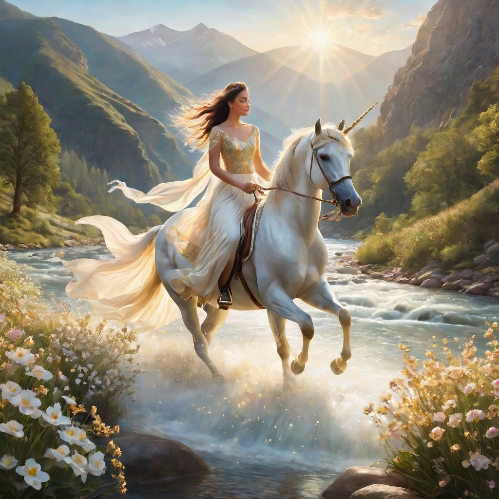 An ultra-realistic depiction of a river meandering through a mountain landscape during summertime, embellished with blooming flowers. The scene is bathed in ethereal lighting, with sun rays casting a golden glow and sparkles dancing in the air. Amidst this enchanting setting, a woman rides on a white unicorn, her flowing fabric attire billowing in the gentle breeze.