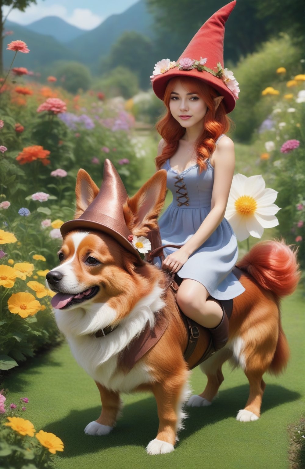 (((full-body))), (masterful),a beautiful adult sexy Gnome,  wearing dress made of flowers, a Gnome hat, a large head, very short legs,  in a garden, with medium breasts, copper_hair, she is riding on a big dog