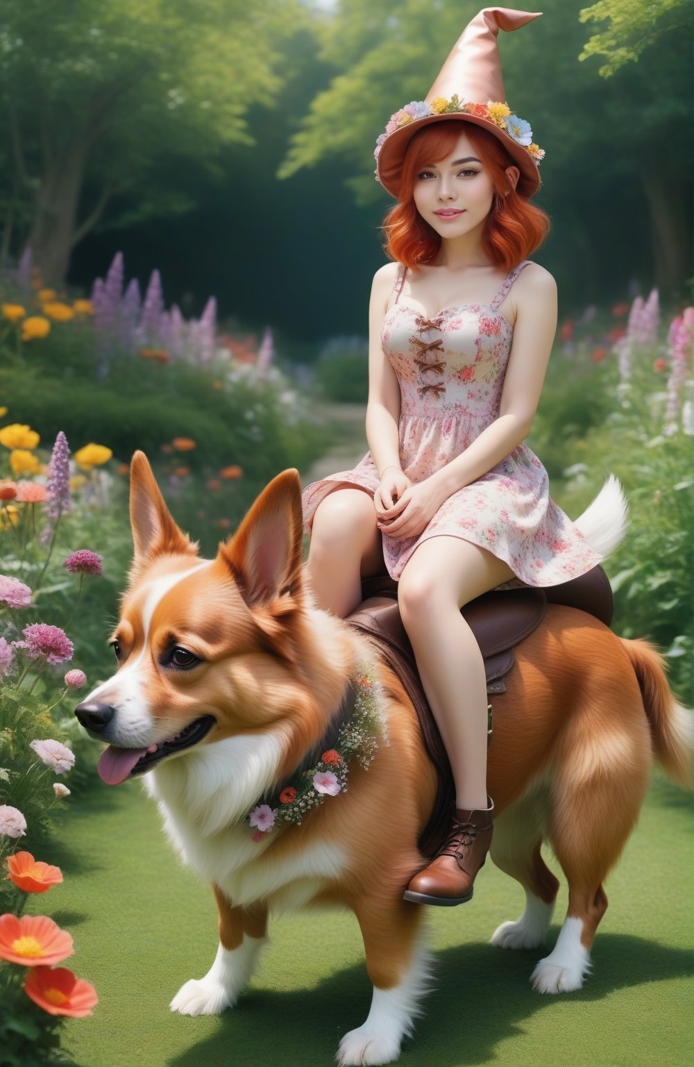 (((full-body))), (masterful),a beautiful adult sexy Gnome,  wearing dress made of flowers, a Gnome hat, a large head, very short legs,  in a garden, with medium breasts, copper_hair, she is riding on a big dog