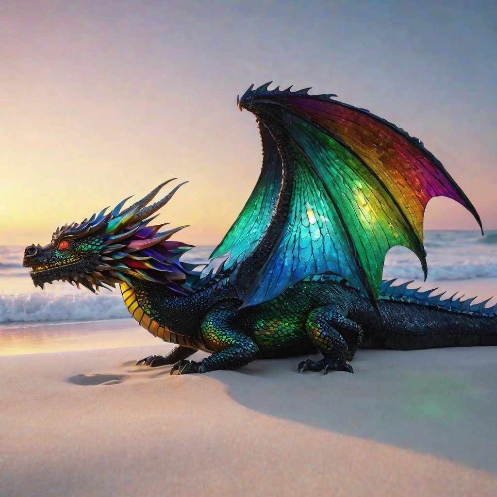  black with multicoloured luminous jewel toned scales on the dragon in hyperHD 3D. on a white sandy beach observing the ocean wich is a lovely auzure.
dragon is the focus and whole dragon is in frame of the shot including the beautiful wings, the light makes her scales vibrant. sunrise. wideshot