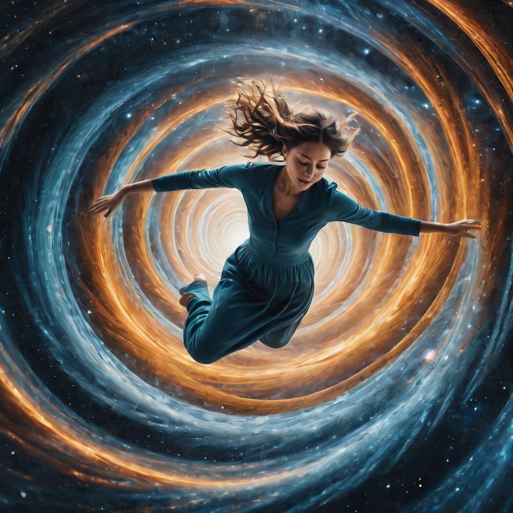A photorealistic image featuring an aerial view of a woman flailing as she falls into a cosmic spiral abyss, with motion blur to convey the sense of motion and speed.