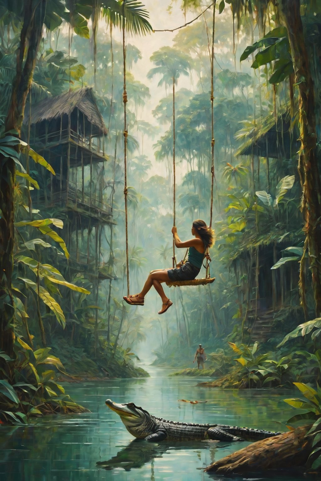 
  ·   · 
Low contrast adventurer in the jungle in the Amazon, swinging over alligators to a temple non vibrant , oil painting style
