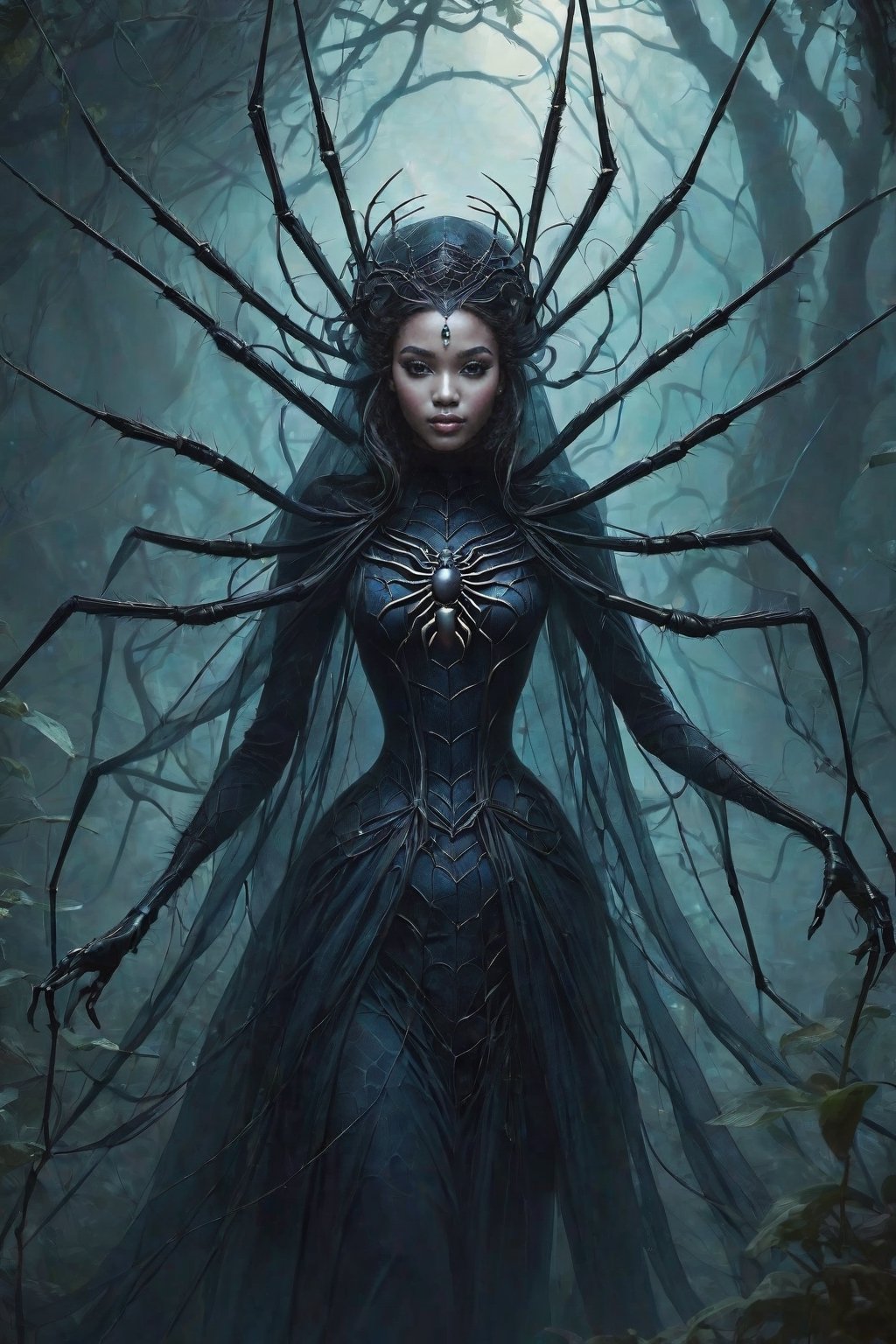 Enigmatic spider queens preside over colonies of ethereal arachnids, their veiled forms casting mysterious shadows in the hazy depths of an enchanted realm.
