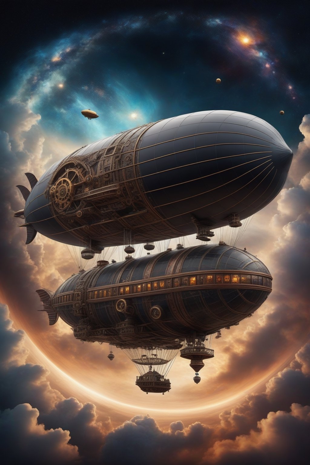 surrealism highly detailed deep in space  a steampunk mechanical blimp with gears and wheels  leaves earth to enter a black hole swirling void to explore new heavenly realms
