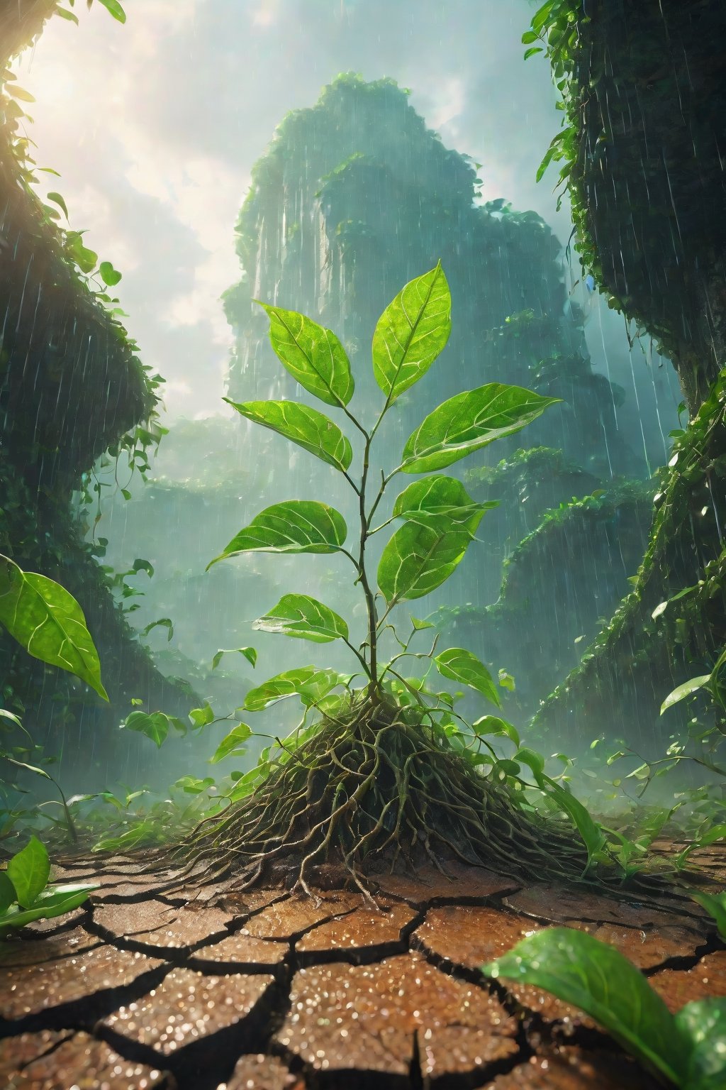 Growing green plant bursting from cracked earth, winding leaves reaching skyward, low angle view, vivid organic colors, intricate vine textures, rain-misted jungle in distance, surreal lighting, hyper realistic with anime influence, magical realism style, cinematic 32k ultra HD resolution, 3D rendering