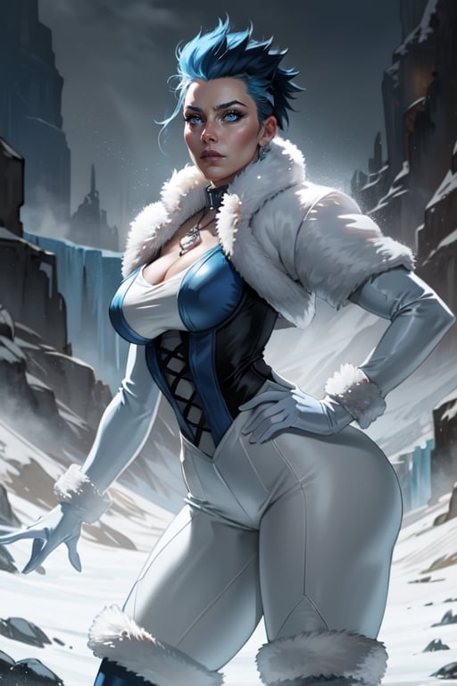 Character view, left SIDE view of character
Subject, a pale viking female features
Ethnicity, Viking_Norse
Eyes, glowing “Neon blue color” 
Species, goddess
Skin Color, oily body
HAIRstyle, white mohawk hairstyle with the sides of her hair shaved
Hair color, white  
Face, sinister facial expression, blue icy lips, blue eyes, icey blue skin, her skin is ice, serious facial expression, deep cheeks, well-contoured face
Outfit, White sleek form fitting Jumpsuit with light blue color modern style corset, white fur along the collar, white fur jacket with diamond shaped ice pendant in the center of her chest, black leather gloves with white fur, white leather books with white fur
Body, Voluptuous hourglass type body shape, super thin waist, firm boobs, thick thighs, wide hips
Image Quality, (dynamic pose, random pose, modeling:1.4), vivid colors, natural lighting, beautiful lighting, dramatic lighting, immersive atmosphere, (chiaroscuro:0.2) volumetric lighting, 8k resolution trending on Artstation Unreal Engine 5, chiaroscuro, bioluminescence, Extremely Realistic
Scene, illustrate a left side view of the character in a strong epic super villain pose
Lighting, bright lighting, epic_cenematic exposure, high_resolution
Background, Wintery city built in a snowy mountain region